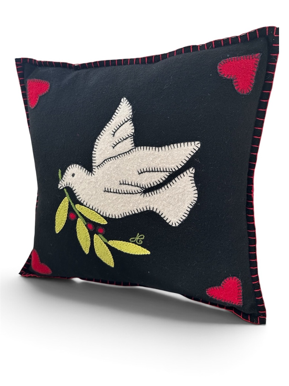 Jan Constantine Hand Embroidered Wool Black Holiday Peace Dove with Red Hearts